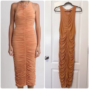House of Harlow 1960 Peach Orange Ruched Sleeveless Midi Dress Size Medium